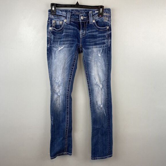 Miss Me Denim - Miss Me Jeans Womens 25 Signature Straight Distressed Embellished Denim JE8447TR